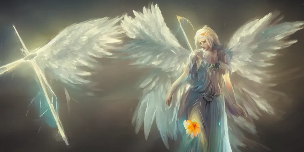 Image similar to An angel with white wings shooting a bright arrow to create flowers on a plain, trending on artstation, heavenly colors, volumetric lighting