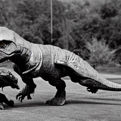 Image similar to t rex dinosaur fighting in the vietnam war alongside united states soldiers black and white photography realistic sharp focus