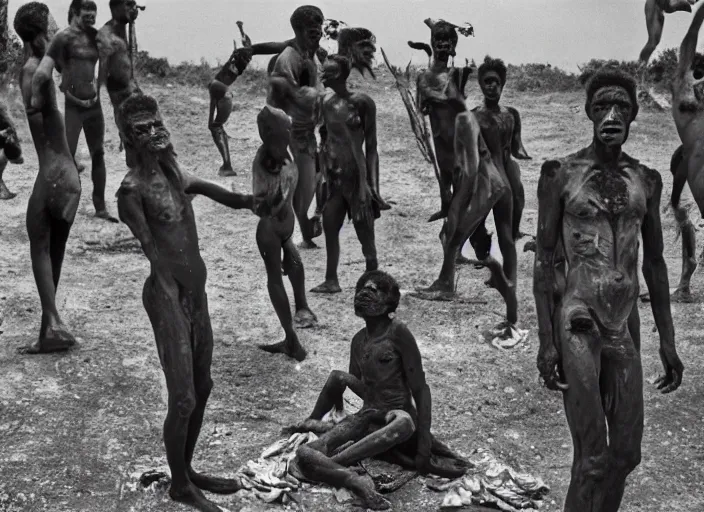 Image similar to 3 5 mm still from film by roger ballen, surreal dance scene of ritual in a picturesque outdoors setting, ashes, new guinea mud man, smoke, close - up of the actors faces, sharp, medium format 6 x 6, 1 6 k