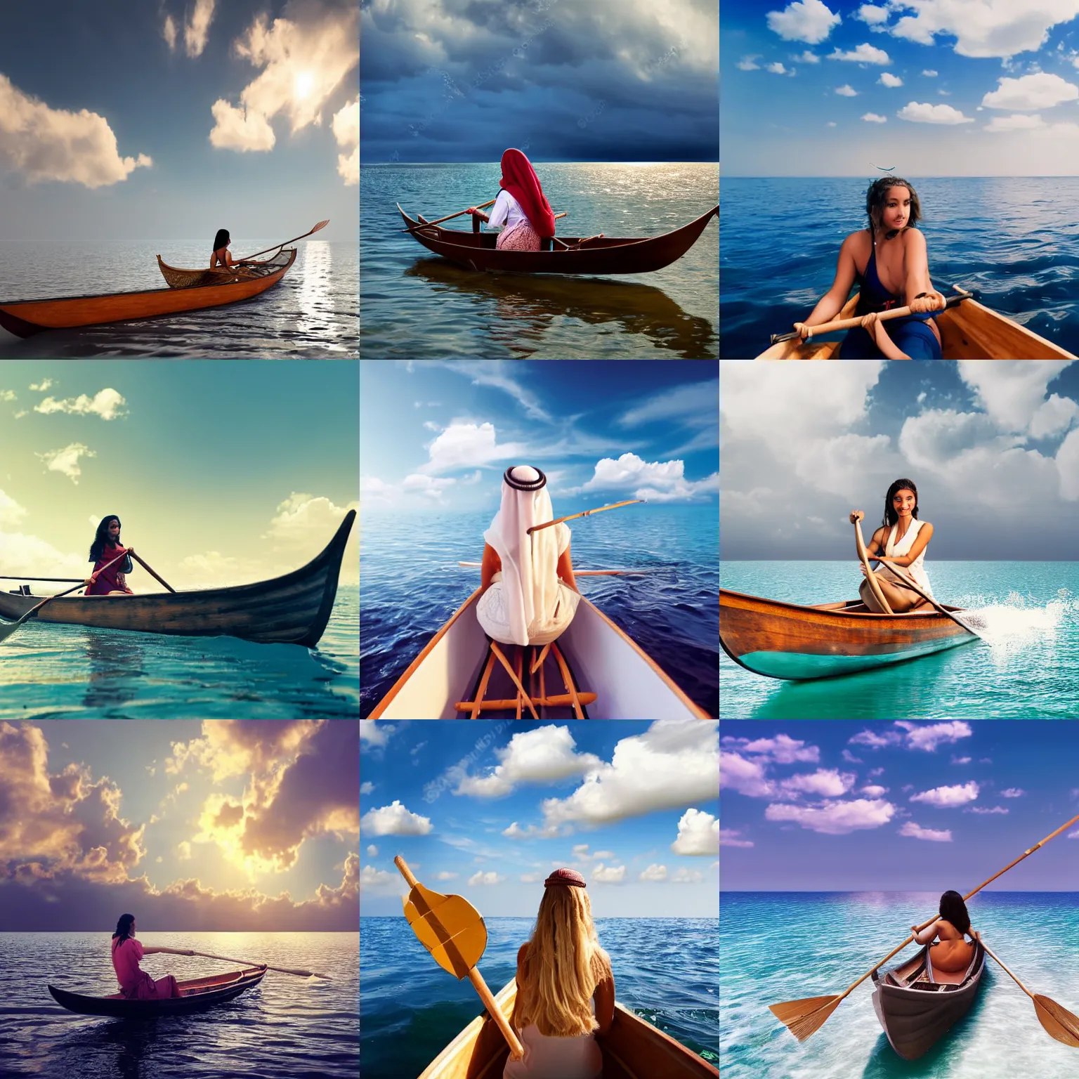 Prompt: beautiful Arabian girl rowing a boat in the middle of sea, dreamy fluffy clouds, 4k, fully detailed