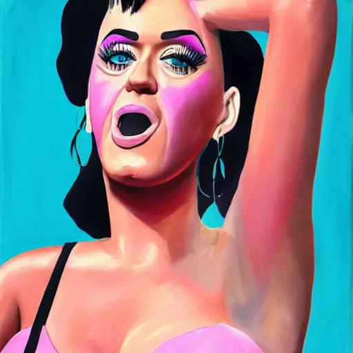 Image similar to oil painting katy perry lashes out at the media while wearing a pink - lemonade and sea blue skin - tight reflective dress, public freak - out, los angeles 2 0 1 5