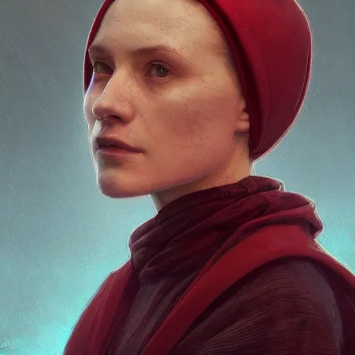 Image similar to portrait of a dystopian woman wearing an outfit inspired by the handmaid ’ s tale ( 2 0 1 7 ), intricate, headshot, highly detailed, digital painting, artstation, concept art, sharp focus, cinematic lighting, digital painting, art by artgerm and greg rutkowski, alphonse mucha, cgsociety