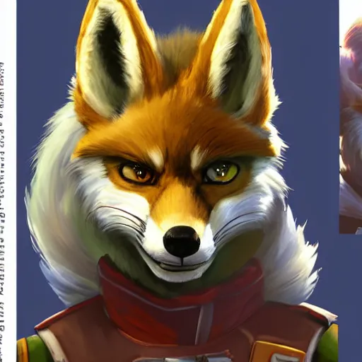 Prompt: a portrait of fox mccloud from star fox, artstation, greg rutkowski, gregory manchess, greg hildebrandt, concept art, furry furaffinity, fox mccloud, white mohawk