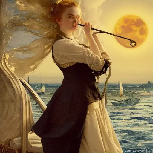 Image similar to Elle Fanning in front of the moon, on a boat, artstation, by J. C. Leyendecker and Peter Paul Rubens,