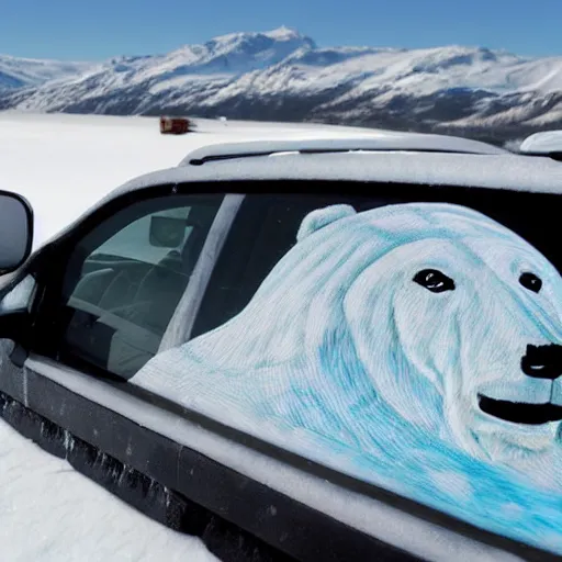 Image similar to graffiti of a polar bear driving an suv on ice