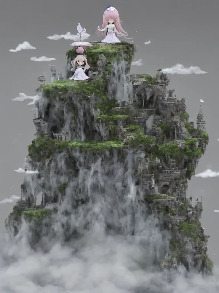 Image similar to cute fumo plush of a princess girl in a tower on a tiny island which she lays sole claim to, selfish empress of the abyss, tempestuous waters and thunderclouds, wisps of volumetric smoke and fog, gothic wraith maiden in tattered white dress, floating island, vignette, vray