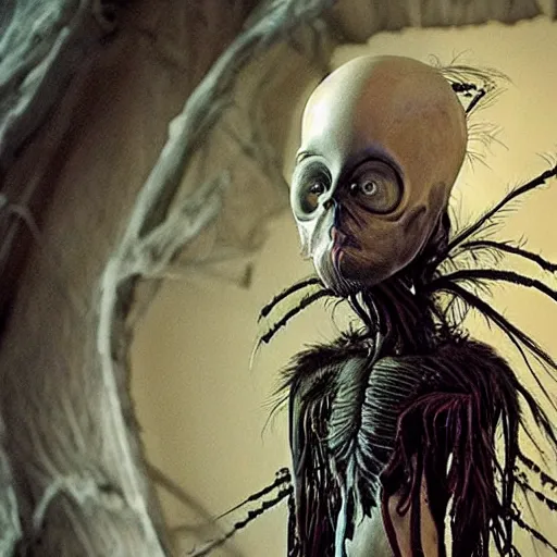 Image similar to humanoid alien species with human face, black feathers instead of hair, feathers growing out of skin, wings growing out of arms, transformation, tim burton, guillermo del toro