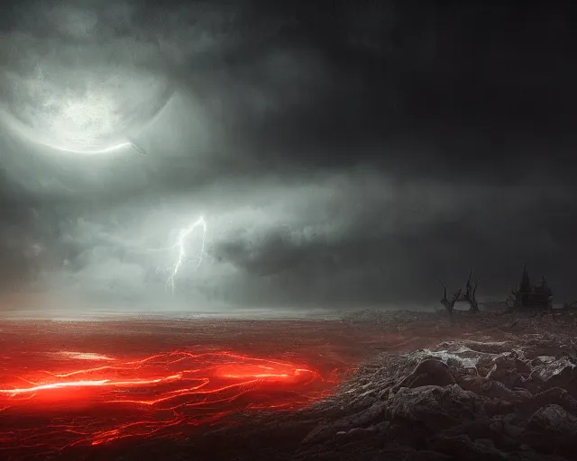 Image similar to the scariest storm surrounded by horror creatures in the scariest sky, epic scene, dark, scary, horror, frightening, fantasy, cinematic, redshift render, cgi, hyper - detailed, photo - bash, 8 k post - production, masterpiece, in the style of greg rutkowski