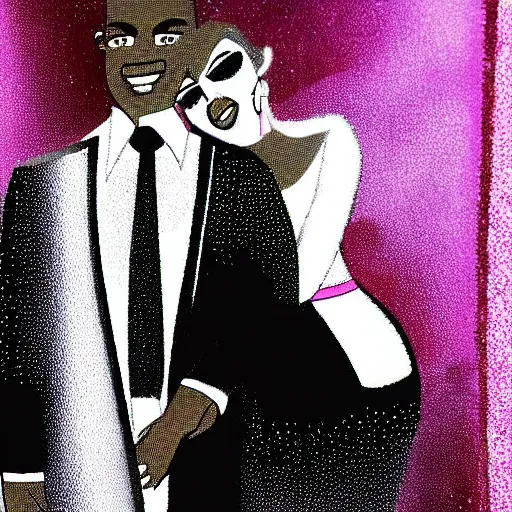 Prompt: A black man wearing white suit and a black tie with a white woman wearing a pink!!! dress on street at night , traffic in background , highly detailed!! face!!!