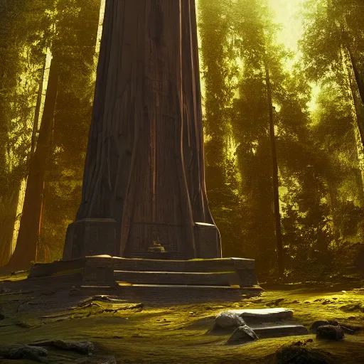 Image similar to obelisk in a redwood forest, sunlit, octane render, matte, greg rutkowski, highly detailed, hdr