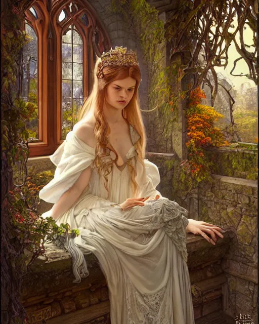 Image similar to a solemn fair princess gazing out castle window, fantasy character portrait, fall woodland, ultra realistic, intricate, elegant, highly detailed, digital painting, artstaion, smooth, sharp, focus, illustration, art by artgerm and greg rutkowski and alphonse mucha