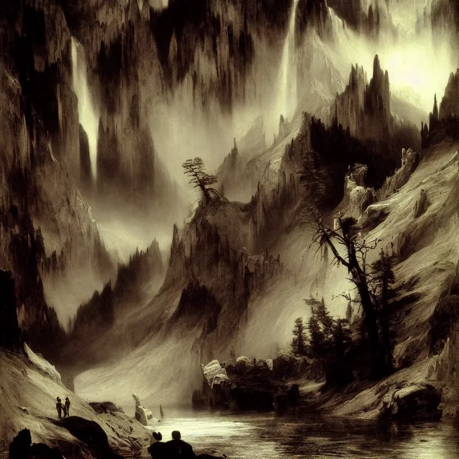 Prompt: artwork about a life of sad loneliness, painted by thomas moran and albert bierstadt. monochrome color scheme.