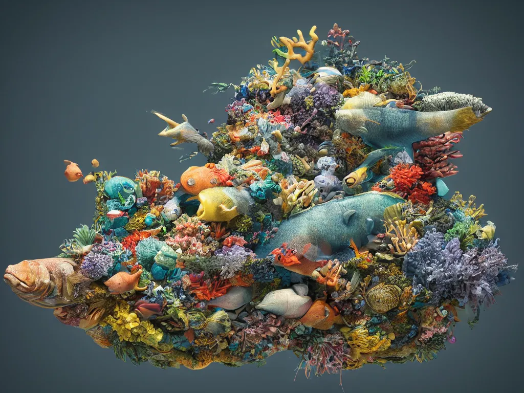 Prompt: a sculpture of fish ocean intertwined, a lovely cornucopia of flowers and human body parts, body parts, highly detailed, octane render, cinematic, shock, sharp focus