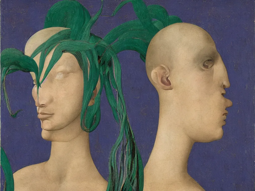 Prompt: portrait of a bald woman head, negative horse head with close up exotic iris flower. lapis - lazuli turquoise, malachite, cinnabar, earth brown painting by piero della francesca, balthus, agnes pelton