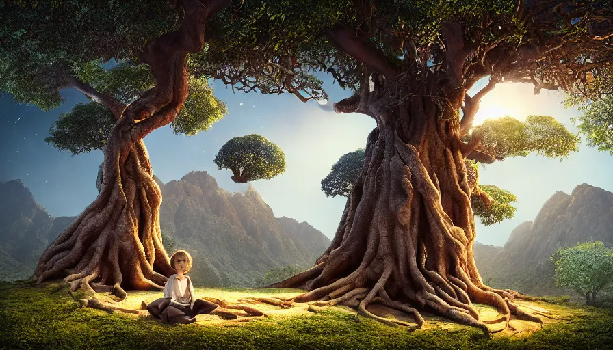 Image similar to very very small goat, sitting on a gigantic banyan tree in moonlit socotra island by ilya kuvshinov, starry night, rtx rendering, octane render 1 2 8 k, maya, extreme high intricate details by tom bagshaw, medium shot, close up shot, composition by sana takeda, lighting by greg rutkowski, stranger things