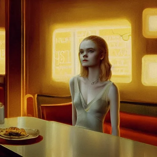 Image similar to silhouette of Elle Fanning holding a martini in a diner, stormy weather, extremely detailed masterpiece, oil on canvas, low-key neon lighting, artstation, Blade Runner 2049, Roger Deakin’s cinematography, by J. C. Leyendecker and Peter Paul Rubens,