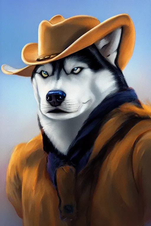 Image similar to a portrait painting of a husky in cowboy costume, wearing a cowboy hat, in the style of anime, trending on artstation