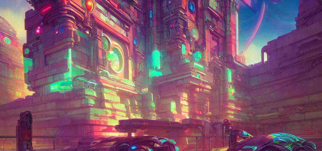 Image similar to street view of a cybernetic temple, vaporwave aesthetic, colorful, psychedelic, digital painting, artstation, concept art, smooth, sharp focus, illustration, art by artgerm and greg rutkowski and alphonse mucha