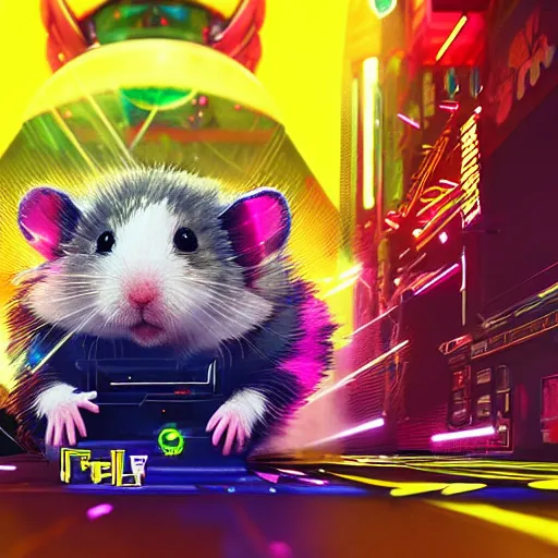 Image similar to hamster with rainbow fur in the style of cyberpunk 2 0 7 7, 8 k, hd, light reflection