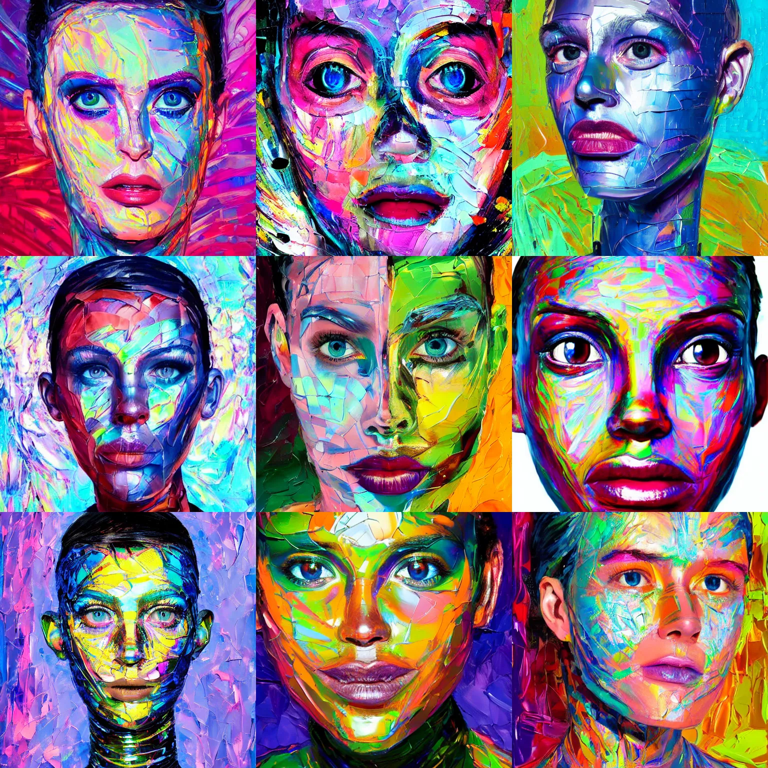 Prompt: a holographic human robotic head made of glossy iridescent, Face, abstract, Palette Knife Painting, Acrylic Paint, Dried Acrylic Paint, Dynamic Palette Knife Oil Paintings, Vibrant Palette Knife Portraits Radiate Raw Emotions, Full Of Expressions, Palette Knife Paintings by Francoise Nielly, Beautiful, Beautiful Face, surrealistic 3d illustration of a human face non-binary, non binary model, 3d model human, cryengine, made of holographic texture, holographic material, holographic rainbow, concept of cyborg and artificial intelligence