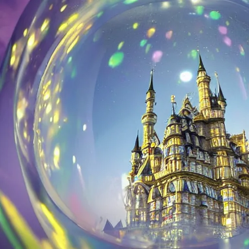 Image similar to a irisdescent bubble flies high in the clouds. a magical mirror castle floats in this bubble, with yellow diamonds on the facade and many filigree turrets, insanely detailed, 8 k, 3 d, splendid