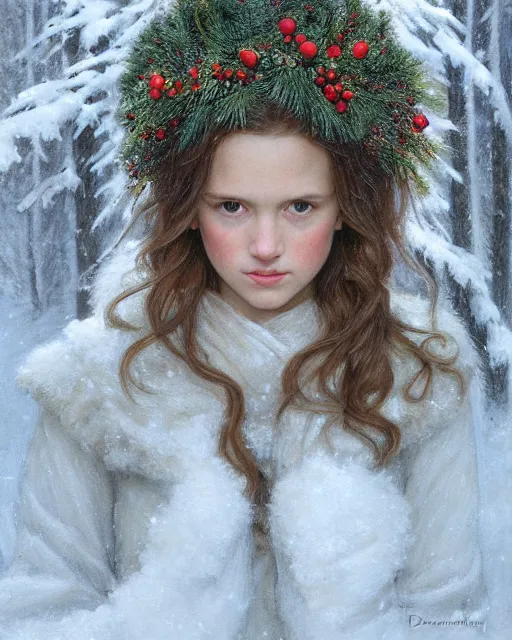 Prompt: a well - lit, realistic portrait painting of a thoughtful girl resembling a young, shy, redheaded alicia vikander or millie bobby brown wearing a christmas wreath in her hair and peasant dress in a deep snow - covered forest at dusk, highly detailed, intricate, concept art, artstation, by donato giancola, ron cobb, and william bouguereau