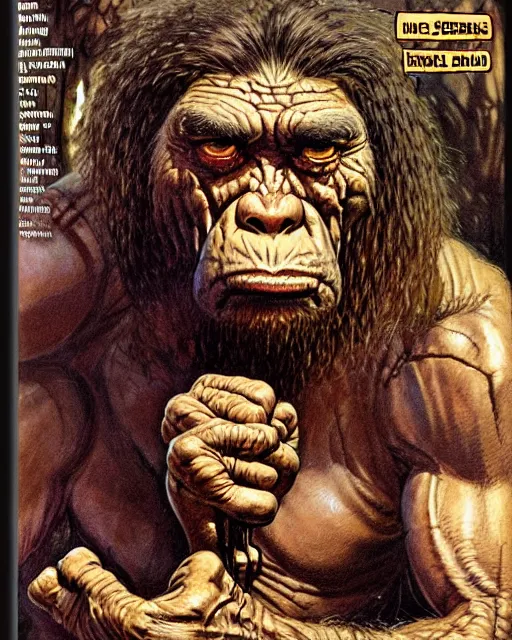 Image similar to neanderthal read science book about him, heavey metal magazine cover, character portrait, portrait, close up, concept art, intricate details, highly detailed, in the style of frank frazetta, esteban maroto, richard corben, pepe moreno, matt howarth, stefano tamburini, tanino liberatore, luis royo and alex ebel