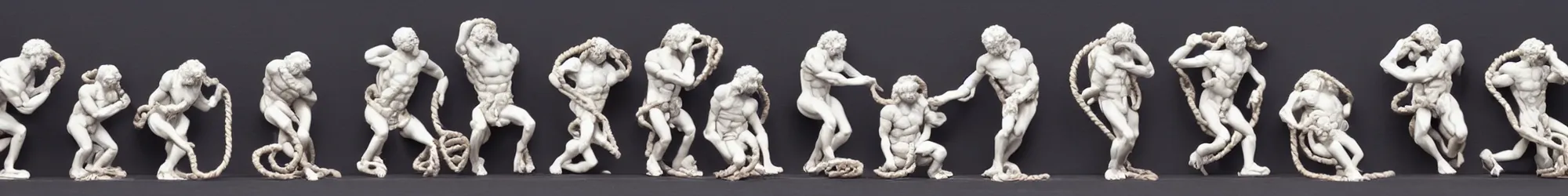 Prompt: long line-up of laocoon and his sons struggling twisted copper wire, intertwined full body view, cheap plastic toy look, white background