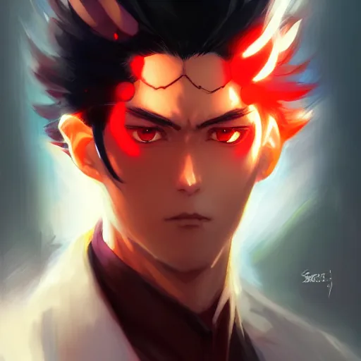 Image similar to anime portrait of a slick black hair guy with red eyes by stanley artgerm lau, wlop, rossdraws, james jean, andrei riabovitchev, marc simonetti, and sakimichan, trending on artstation