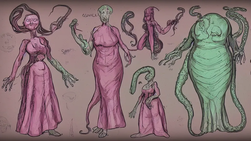 Prompt: aged paper, colorful character sheet for a stocky alien extraterrestrial female servant maid with thick snake - like tentacles instead of hair, long dress with apron, jim henson creature shop, coherent, illustration, digital art, trending on artstation, hd, 8 k, good lighting, beautiful, rough paper, masterpiece