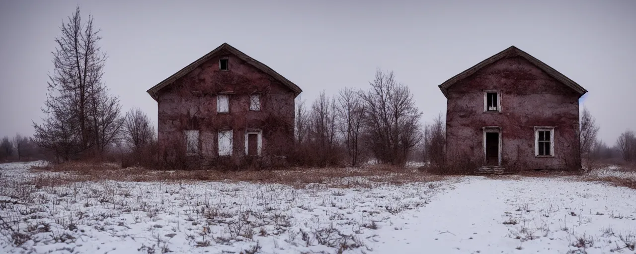 Image similar to landscape, soviet farmhouse, abandoned, lifeless, winter, atmospheric, mystical, very detailed 4 k