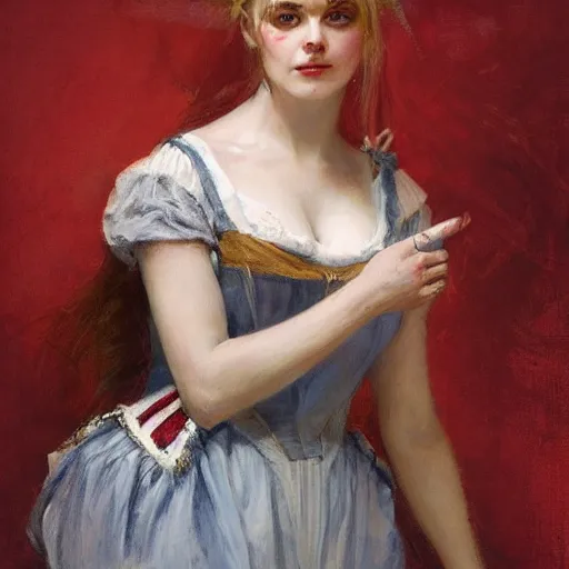 Image similar to Solomon Joseph Solomon and Richard Schmid and Jeremy Lipking victorian genre painting portrait painting of a happy young beautiful woman sorcerous traditional german french actress model pirate wench in fantasy costume, red background