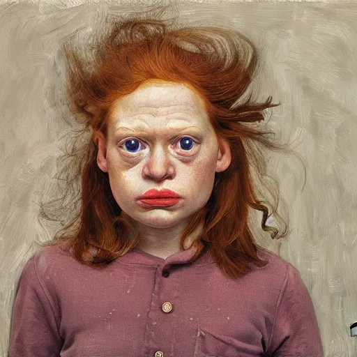 Prompt: high quality high detail painting by lucian freud, hd, ginger girl, angry, photorealistic lighting