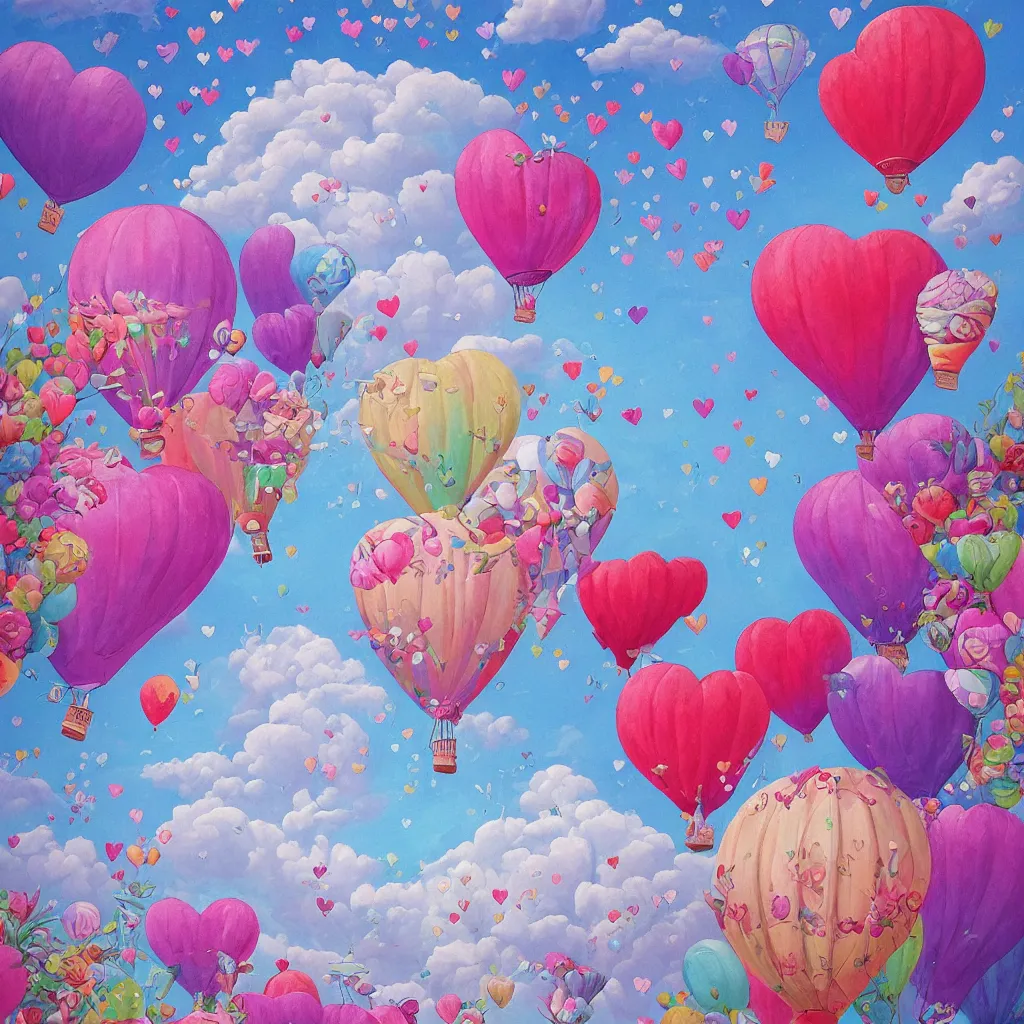 Image similar to ultra detailed painting that is beautiful and whimsical with cotton candy clouds and balloon hearts and flowers inside