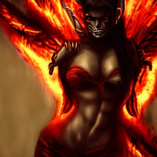 Image similar to female demon, beautiful, scary, fire, dark, cinematic, high detail,