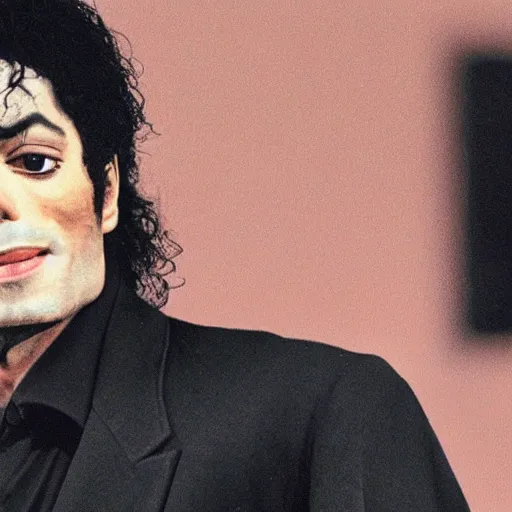 Image similar to a portrait of michael jackson wearing a long black coat & wearing a backpack