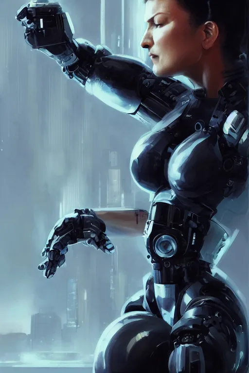 Image similar to gina carano with robotic left arm, casual black clothing, casual pose, large portrait, cyberpunk, digital painting, artstation, concept art, smooth, 8 k frostbite 3 engine, ultra detailed, art by artgerm and greg rutkowski and magali villeneuve