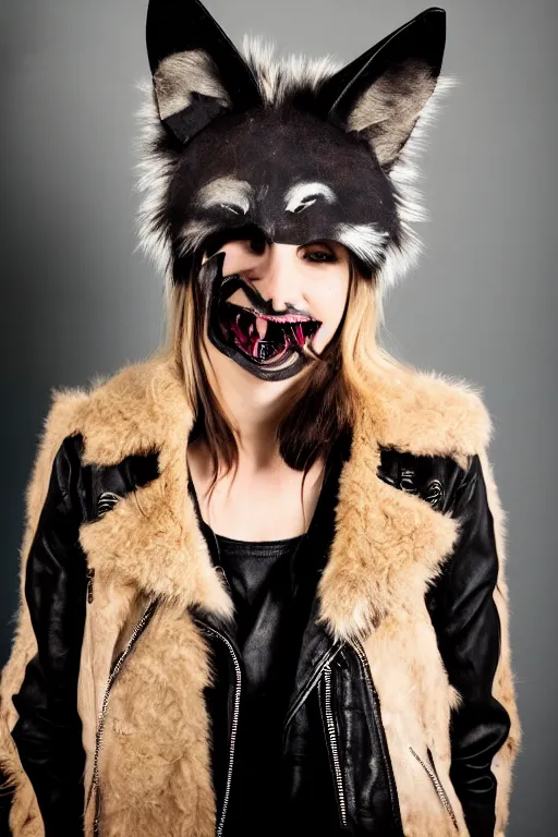 Image similar to photographic portrait of a punk girl in a leather jacket wearing a wolf's head over her face, high fashion, style magazine shoot, cool punk with wolf on her head