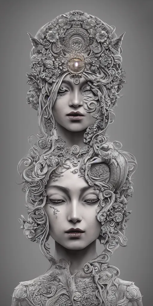 Image similar to a sculpture of mythical creatures, elegant and beautiful female face with her third eye open, carved in a stone alter, intricate, elegant, highly detailed, digital painting by audrey kawasaki, artstation, concept art, ambient occlusion, smoke, foggy vray render,