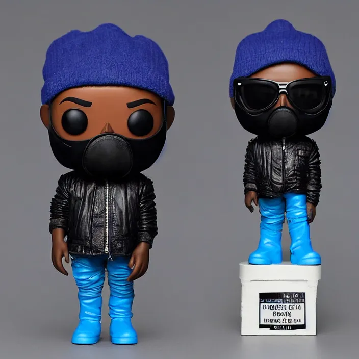 Prompt: a funko pop of kanye west using a full face covering black mask, a small, tight, undersized reflective bright blue round puffer jacket made of nylon, dark jeans pants and big black balenciaga rubber boots, figurine, detailed product photo