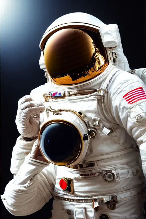 Image similar to extremely detailed studio portrait of space astronaut taking a selfie, holds a smart phone in one hand, phone!! held up to visor, reflection of phone in visor, moon, extreme close shot, soft light, golden glow, award winning photo by michal karcz and yoshitaka amano