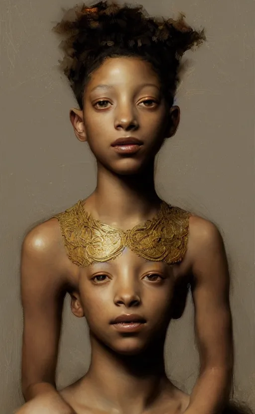 Prompt: portrait willow smith, crown gold barechest, intricate, elegant, highly detailed, artstation, concept art, sharp focus, ruan jia, jurgens, orientalism, bouguereau