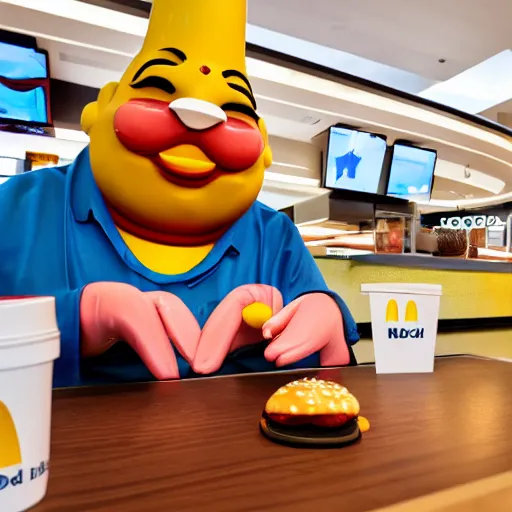 Prompt: Budai working at McDonalds, photography, 8K