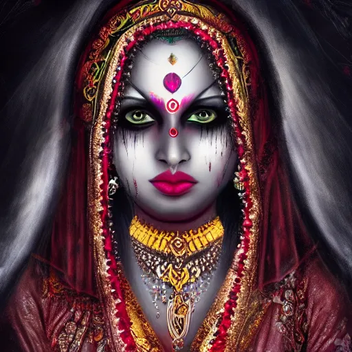 Image similar to beautiful Hindu lady of the dark with veil, in darkness, cover with blood, horror terrifying, soft light, surreal realistic, photorealistic, hyper details, full HD, 8k!