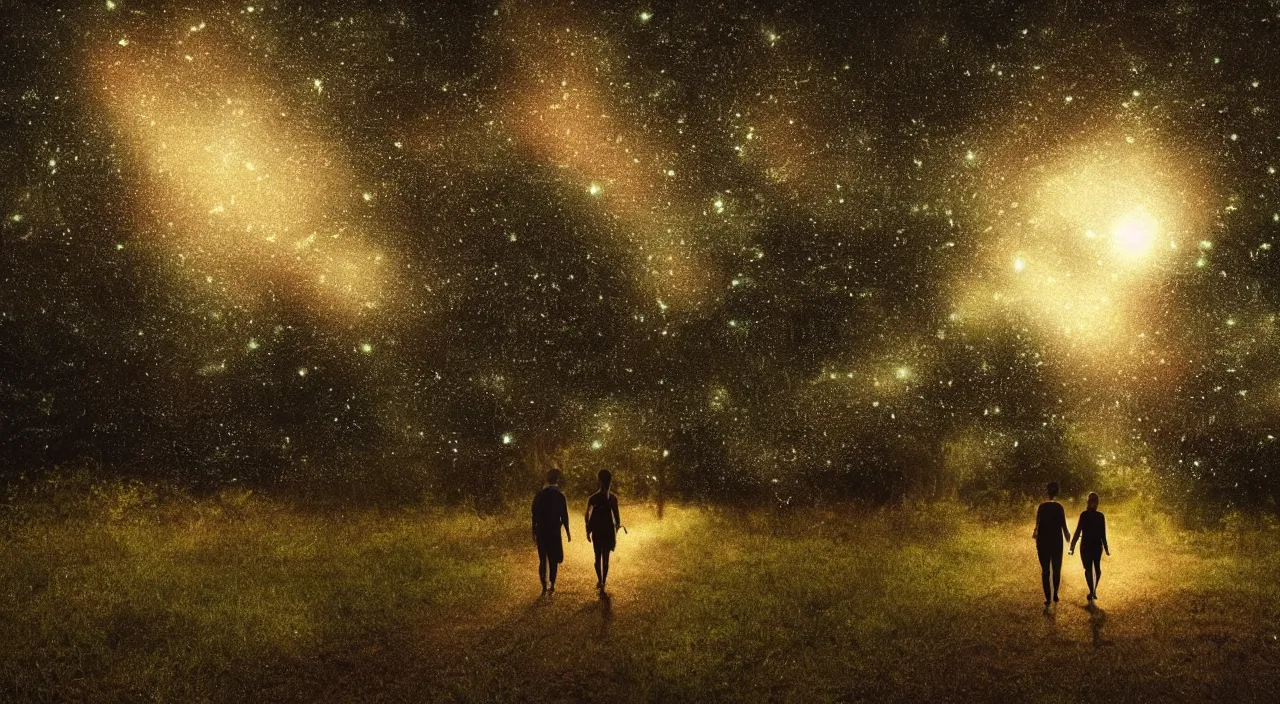 Image similar to a couple walking in the middle of fireflies the color of the moon, cinematic lighting, wow, establishing shot