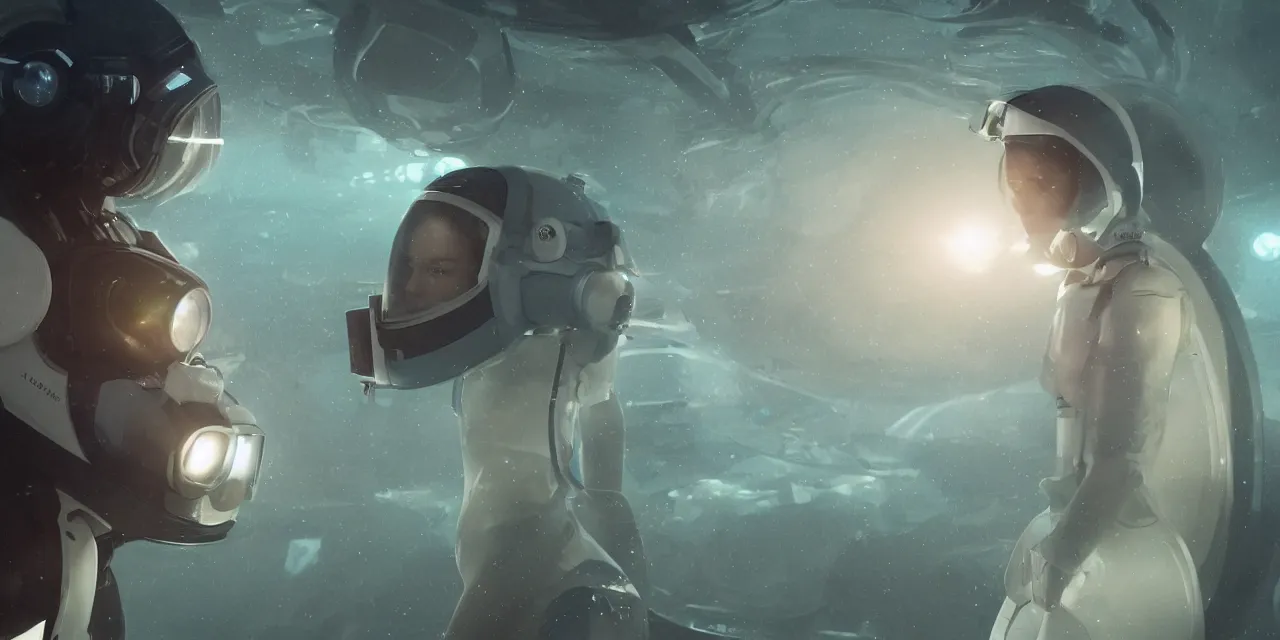 Prompt: Zoe Kravitz futuristic astronaut, outside large window of ship, helmet with clear HUD shield and led lights, underwater in the ocean at night, dark water, volumetric lighting, glowing lights, 4k, octane, digital painting, artstation, concept art, sharp focus, illustration, high contrast, high saturation , cinematic film still, art by artgerm and greg rutkowski and alphonse mucha , wide angle view,