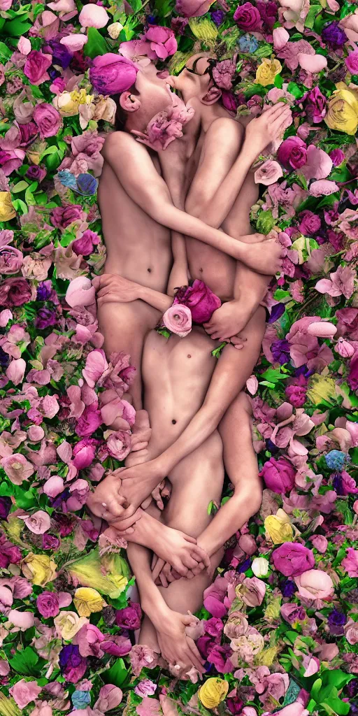 Prompt: human bodies intertwined, a lovely cornucopia of flowers and human body parts, body parts, highly detailed, octane render, cinematic