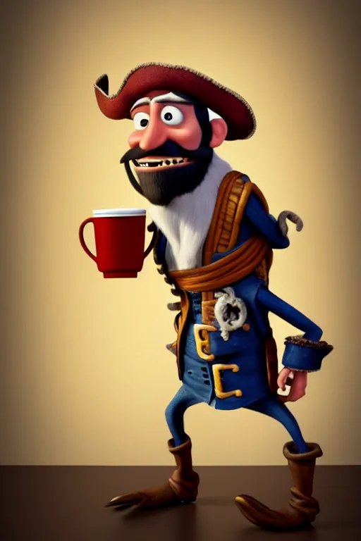 Image similar to portrait of the pirate blackbeard holding a cup of coffee, full body. pixar disney 4 k 3 d render funny animation movie oscar winning trending on artstation and behance. ratatouille style.