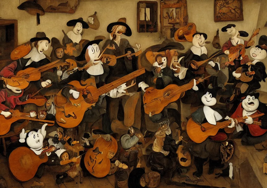 Image similar to Jan Steen. The Moomins playing mariachi. Mexican tavern, low ceiling, small chamber. Hyperrealistic, ultra detailed, 80mm, museum, artwork. Empty. Daylight.