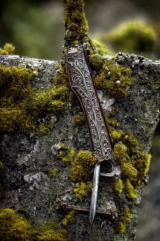 Prompt: a portrait of a rusty longsword stuck in stone, fantasy setting, rust and corrosion, moss and vegetation, ancient forest, excalibur, close - up, intricate details, intricately detailed textures, warm lighting, vivid colors, smoke and mist, hyper realistic octane render, volumetric shading, depth of field, raytracing, 8 k,